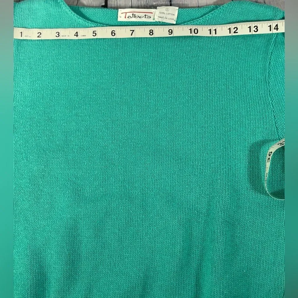 VINTAGE Talbots 90s Teal Blue Cotton Feminine Classic Short Sleeve Sweater S
